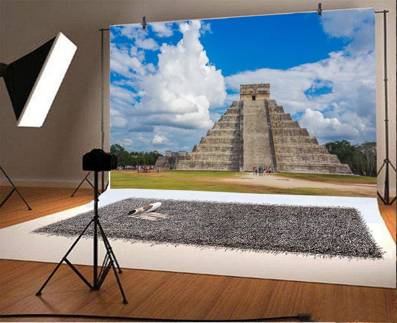 AOFOTO 7x5ft Maya Chichen Itza Pyramid Backdrop Ancient Mayan Ruins Wonder of The World Mexico Culture Historical Building Photography Background Blue Sky Clouds Travel Photo Booth Props Vinyl - Image 2